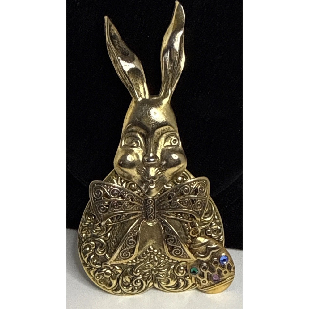 Easter Bunny‎ Brooch Gold Tone With Dangling Rhinestone Egg  3 3/4" x 1 3/4" 165